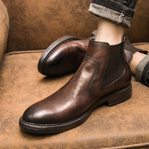 Chelsea boots men's leather short boots winter plus velvet warm high-top leather boots English style men's martin boots tide