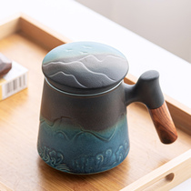 Long-made good products coarse pottery relief kiln change water Cup home retro tea separation with lid office Cup ceramic tea cup