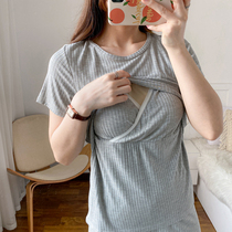 Modal breast pad nursing pajamas one-piece top summer thin home wear half-sleeve breast milk confinement feeding jacket
