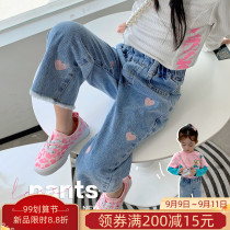 Girls jeans wear spring and autumn new love Korean version of loose leisure childrens wear wide legs baby long pants