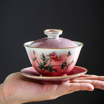 Ceramic three Cai Cup single with lid high grade tea set tea set to tea cup kiln pastel hand painted