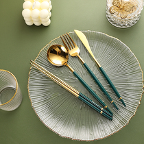 Light luxury stainless steel knife and fork spoon three sets of household Western food steak knife and fork Net red ins Wind fork spoon