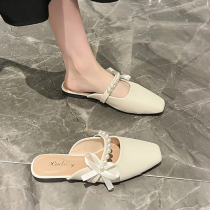 Baotou slippers women 2022 Summer new exterior wearing cool towed pearls Half slippers flat bottom square head mesh red Mueller shoes
