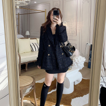 Autumn and winter clothing temperament bright silk small fragrant wind woolen tweed jacket black tweed long suit lapel slim