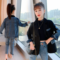 6 girls stitching denim small suit 7 coat autumn 8 big children 9 casual ten coat spring breeze dress Black 12 years old