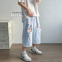 Fat mm perforated three-point pants womens summer thin thin all-match beggar jeans loose straight plus size womens clothing
