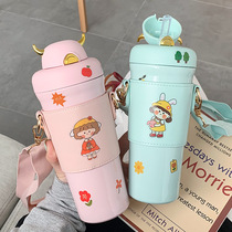 Devil horn thermos cup cartoon large capacity Childrens straw water cup with cup set Student outdoor stainless steel cup