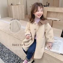 Girl Plush Jacket Children Dress 2021 Winter Dress New Children Medium Long Style Integrated Granular Suede Baby Coat