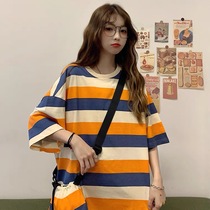 Hong Kong wind tide brand striped short sleeve T-shirt female loose Korean version ins Harajufeng chic Hong Kong flavor Han Feng half sleeve clothes