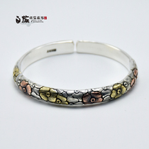 Yunnan handmade foot silver 999 four leaf clover inlaid copper bracelet solid retro old open closed bracelet high craft