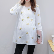 Autumn wear round neck embroidered pregnant womens shirt spring and autumn pregnant womens loose Korean version of tide mother shirt long sleeve bottoming top