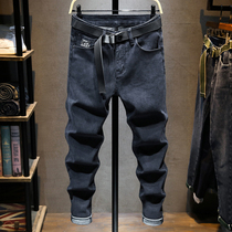Black jeans mens trend autumn 2021 autumn and winter new casual versatile elastic slim feet mens trousers