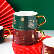 Guochao coffee cup ceramic custom couple Cup a pair of wedding companion coffee cup with Spoon gift