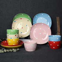Polka dot dish set Household tableware dish set Rice bowl dish set Ceramic porcelain set 6 plates 6 bowls 6 chopsticks