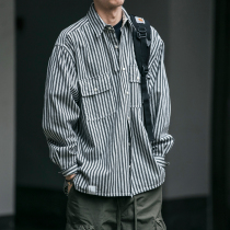 Japanese retro Joker thick striped long sleeve shirt male spring student Tide brand shirt youth casual lapel coat