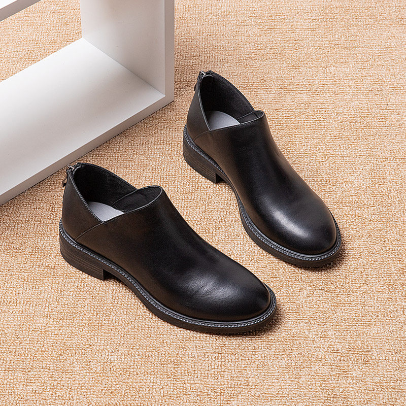 Leather boots autumn winter model British hundred after zip flat bottoms and ankle boots retro large size black leather boots woman