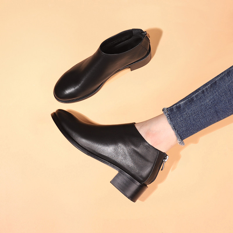 Original and nude boots women autumn winter round-headed retro short boots thick heeled soft leather rear zipper leather large size boots women