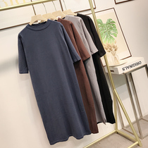 Half-sleeved 2021 autumn new mid-length simple lazy wind round neck three-quarter sleeve loose thin knitted dress