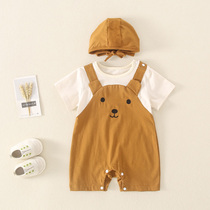 Newborn Baby Summer Short Sleeve Climbing Pure Cotton Male Baby Breathable Khae Cartoon Little Bear Thin Breathable One-piece Suit