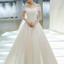 One-character shoulder light main wedding dress 2021 New temperament bride Starry Sky tailing simple Palace small man go out gauze summer