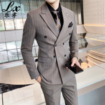 Double-breasted striped suit mens suit 2021 spring British slim handsome business dress groom suit suit