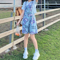  UNIQUE HYPE WASHED star Dai lu full print denim strap shorts womens summer thin section loose wide leg jumpsuit