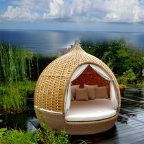 Outdoor rattan round bed courtyard bed Birdcage bed balcony Net red bird cage bed balcony Net red birds nest swimming pool outdoor Villa creative sofa bed