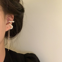 Asymmetric Pearl tassel ear clip without ear hole female fairy Air forest Super fairy simple sex cold wind ear bone clip earrings