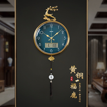 Brass deer head wall clock New Chinese living room clock Dining room art clock Home modern fashion atmospheric wall clock