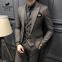 Rich bird high-end suit mens suit casual handsome British business trend slim striped suit wedding dress