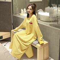 Large size striped nydress women autumn cotton long sleeve loose extended cute pajamas fat mm pregnant women 200kg winter