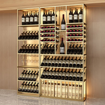 Red wine display cabinet multi-layer floor-to-ceiling wine rack with lamp against the wall Commercial winery custom display wine shelf