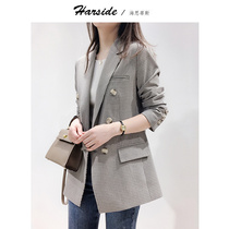  HARSIDE houndstooth suit female autumn 2021 new Korean ins suit collar waist fur coat