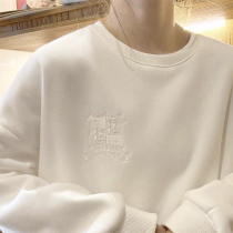 2021 New Korean version of design sense niche loose white round neck sweater female spring and autumn small man super Fire ins tide