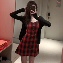 Net red suit skirt Small goddess fan cardigan jacket Gao Leng royal sister wind red and black plaid suspender skirt two-piece set