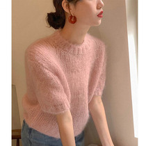 Early autumn temperament bubble sleeve top design sense niche mohair sweater female pink gentle wind thin sweater