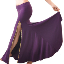 Belly Leather Dance Wrap Hip Skirt Indian Dance Embroidered Pearl Dress Practice Step Skirt Sexy Single Item Award Side Open Fork Fish Tail Skirt Woman