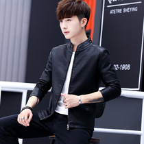 Spring mens leather black thin slim jacket short casual Korean version of the trend handsome youth stand-up collar leather jacket