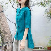 Retro buckle hemp shirt womens summer new solid color wild front short back long Chinese National Wind cardigan on