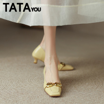 TATA YOU Hes her grapefruit official womens shoes small crowddesign womens shoes French style retro single shoes female shallow mouth coarse and genuine leather