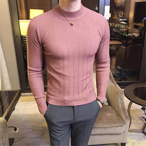 Autumn and winter new semi-turtleneck striped sweater mens sweater slim inside collar base shirt spring and autumn shirt