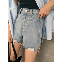  MorningHaze super all-match design sense raw edge light blue high waist thin denim shorts womens summer new