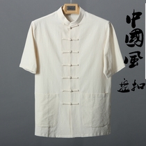 Chinese style summer mens cotton linen Tang short sleeve shirt Chinese mens loose casual Chinese buckle top male
