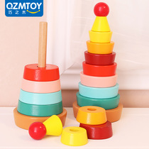 Childrens wooden rainbow tower stacked ring hand-eye movement coordination training size cognitive early education educational toys