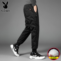 Playboy down pants mens winter casual warm bunches feet wear mens pants trendy slim thick trousers