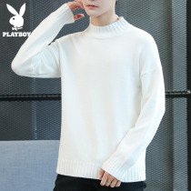 Playboy sweater mens spring white semi-turtleneck base shirt Korean version of the trend sweater knitwear mens clothing