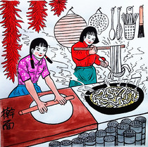  Rolling noodles biangbiang noodle restaurant decoration Shaanxi eight strange folk Huxian farmers painting size 25x25cm