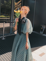 Lecea Alice French polka dress summer 2021 New Lantern sleeve green mesh long skirt