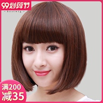 Wig female short hair bobo head inside buckle round face long hair wave wave full head wig set real hair silk natural and realistic