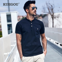 Kuegou men stand collar short-sleeved POLO shirt mens summer casual simple solid color embroidery trend T-shirt 3383